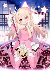 Rule 34 | 1girl, :d, ao jun, arm up, ascot, bare shoulders, blush, boots, brown ascot, building, detached sleeves, dress, fate/kaleid liner prisma illya, fate (series), feather hair ornament, feathers, full body, gloves, hair between eyes, hair ornament, high heel boots, high heels, holding, holding staff, illyasviel von einzbern, light brown hair, long hair, looking at viewer, magic circle, magical girl, open mouth, parted bangs, pink dress, pink footwear, pink sleeves, pink thighhighs, pleated skirt, prisma illya, red eyes, sitting, skirt, sleeveless, sleeveless dress, smile, solo, staff, star (symbol), thigh boots, thighhighs, two side up, very long hair, wariza, white feathers, white gloves, white skirt