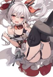 Rule 34 | 1girl, :d, anchor, ass, azur lane, bat wings, belt, bikini, bikini top only, black bikini, black panties, black thighhighs, blush, bow, bowtie, chain, detached collar, fang, floating hair, frilled skirt, frills, front-tie bikini top, front-tie top, garter straps, hair between eyes, hair intakes, hair ribbon, highres, holding, holding chain, index finger raised, kurige horse, legs up, long hair, looking at viewer, machinery, open mouth, panties, pantyshot, pointing, red bow, red bowtie, red eyes, revision, ribbon, signature, simple background, skirt, smile, solo, swimsuit, thighhighs, turret, twintails, underwear, upskirt, vampire (azur lane), white background, white hair, wings