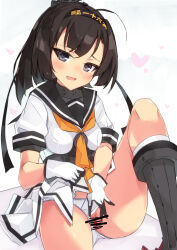 Rule 34 | 1girl, ahoge, akizuki (kancolle), bar censor, beritabo, black hair, black headband, black sailor collar, blush, breasts, censored, clothes lift, clothes writing, clothing aside, commentary request, covered collarbone, fang, feet out of frame, gloves, grey background, grey eyes, headband, heart, heart-shaped pupils, highres, kantai collection, knee up, kneehighs, lifted by self, long hair, looking at viewer, medium breasts, open mouth, panties, panties aside, pleated skirt, pussy, sailor collar, shirt, sitting, skirt, skirt lift, socks, solo, spread pussy, symbol-shaped pupils, underwear, white gloves, white panties, white shirt, white skirt, white socks