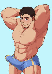 Rule 34 | 1boy, abs, absurdres, armpits, arms behind head, bara, blue background, blue male underwear, boxer briefs, bulge, erection, erection under clothes, facial scar, feet out of frame, highres, kouhei (otsukimi), large pectorals, looking at viewer, male focus, male underwear, muscular, muscular male, nipples, original, otsukimi, pectorals, scar, scar on cheek, scar on face, short hair, sideburns, smile, solo, sparse chest hair, standing, stomach, thick eyebrows, topless male, underwear, very short hair