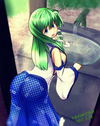 Rule 34 | 1girl, 2017, :d, arched back, artist name, ass, bare shoulders, bent over, blue hair, breasts, cowboy shot, dated, detached sleeves, frog, frog hair ornament, from behind, green hair, hair ornament, hand rest, highres, kochiya sanae, leaning back, long hair, long sleeves, looking at viewer, looking back, open mouth, outdoors, sideboob, sink, smile, snake, snake hair ornament, solo, touhou, water, wide sleeves, yazuhitoya