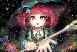 Rule 34 | 1girl, :o, black background, brown vest, bug, butterfly, collared shirt, danganronpa (series), danganronpa v3: killing harmony, dress shirt, flower, green hat, grey shirt, hair ornament, hat, highres, holding, holding staff, insect, jacket, long sleeves, looking at viewer, pink flower, red eyes, red hair, shirt, short hair, skirt, solo, staff, vest, witch hat, youko-shima, yumeno himiko