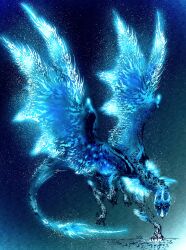 Rule 34 | absurdres, blue background, blue scales, claws, deadpool yuchan, digitigrade, dragon, dragon horns, dragon tail, dragon wings, frost, full body, glowing, glowing eyes, gradient background, highres, horns, ice, ice horns, looking at viewer, monster, monster focus, monster hunter (series), no humans, sharp tail, solo, spread wings, tail, velkhana, western dragon, wings