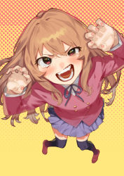 Rule 34 | 1girl, aisaka taiga, black thighhighs, blouse, blue ribbon, blue skirt, blush, brown eyes, brown footwear, brown hair, bukimi isan, collared shirt, commentary request, fangs, full body, heart, heart background, highres, jacket, long hair, long sleeves, looking at viewer, multicolored background, nail polish, neck ribbon, oohashi high school uniform, open mouth, pink nails, pleated skirt, red background, red jacket, ribbon, school uniform, shirt, skirt, solo, teeth, thighhighs, toradora!, v-shaped eyebrows, white shirt, yellow background, zettai ryouiki