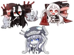 Rule 34 | 10s, 3girls, :&lt;, :3, :d, abyssal ship, airfield princess, battleship princess, black dress, black hair, blue eyes, bodysuit, cape, chibi, dress, fang, gloves, horns, kantai collection, long hair, looking at viewer, machinery, monster, multiple girls, open mouth, pale skin, personification, red eyes, short dress, skin-covered horns, smile, staff, tantan021, transparent background, turret, v, white hair, wo-class aircraft carrier