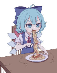 Rule 34 | 1girl, absurdres, ahoge, blue bow, blue dress, blue eyes, blue hair, blush stickers, bow, chair, cirno, collared shirt, detached wings, dress, eating, fairy, food, food on face, fork, hair between eyes, hair bow, highres, holding, holding fork, ice, ice wings, kame (kamepan44231), one-hour drawing challenge, pasta, plate, puffy short sleeves, puffy sleeves, redrawn, shirt, short hair, short sleeves, simple background, sitting, solo, spaghetti, touhou, white background, white shirt, wings