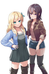 2girls absurdres aqua_eyes black_hair black_thighhighs blonde_hair blue_cardigan boku_wa_tomodachi_ga_sukunai boots brown_jacket butterfly_hair_ornament cardigan closed_mouth collarbone denim denim_shorts dress green_dress hair_ornament hand_on_own_hip highres jacket kashiwazaki_sena knee_boots leather leather_jacket long_hair looking_at_viewer mikazuki_yozora multiple_girls navel pink_shirt purple_eyes shirt short_hair shorts simple_background standing thigh_boots thighhighs wasatasa white_background zettai_ryouiki