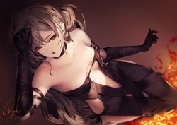 Rule 34 | 1girl, arm up, bare shoulders, black dress, black gloves, blunt bangs, breasts, brown background, brown hair, center opening, choker, collarbone, commentary, dress, dutch angle, ear piercing, earrings, elbow gloves, fate/grand order, fate (series), feet out of frame, fire, from above, genyaky, gloves, gradient background, hand on own head, jewelry, long hair, looking away, looking to the side, navel, open mouth, piercing, red eyes, revealing clothes, sidelocks, signature, simple background, small breasts, solo, standing, strapless, strapless dress, swept bangs, tsurime, very long hair, yu mei-ren (fate)
