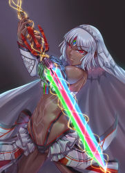 Rule 34 | 1girl, altera (fate), cowboy shot, dark skin, dark-skinned female, fate/grand order, fate (series), full-body tattoo, headdress, highres, holding, holding sword, holding weapon, leebigtree, photon ray (fate), red eyes, revealing clothes, solo, sword, tattoo, veil, weapon, white hair