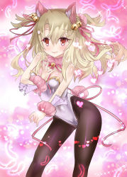 Rule 34 | 1girl, animal ears, bad id, bad pixiv id, bare shoulders, bell, blonde hair, blush, breasts, brown pantyhose, cat ears, closed mouth, covered navel, eyelashes, fate/kaleid liner prisma illya, fate (series), feathers, hair ornament, hair scrunchie, heart, highleg, highleg leotard, highres, illyasviel von einzbern, jingle bell, leotard, long hair, looking at viewer, mezashi gohan, pantyhose, pink background, red eyes, scrunchie, small breasts, smile, sparkle, thighs, two side up, white leotard, wrist scrunchie