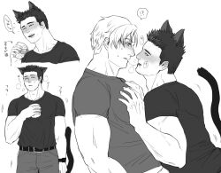 Rule 34 | 2boys, after kiss, animal ears, ao isami, bara, black hair, blonde hair, blush, cat boy, cat ears, cat tail, collage, couple, facial hair, from side, grabbing, greyscale, kemonomimi mode, large pectorals, lewis smith, male focus, medium sideburns, monochrome, multiple boys, muscular, muscular male, nijim, pectoral grab, pectorals, profile, saliva, saliva trail, seductive smile, sideburns stubble, smile, squeans, stubble, surprised, tail, thick eyebrows, toned, toned male, yaoi, yuuki bakuhatsu bang bravern