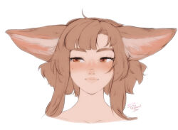 Rule 34 | 1girl, ahoge, animal ear fluff, animal ears, artist name, blush, brown eyes, close-up, collarbone, commentary, cropped torso, english commentary, fox ears, fox girl, freckles, khiara (personal ami), light brown hair, looking to the side, original, personal ami, portrait, short hair, sidelocks, simple background, solo, thick eyebrows, white background