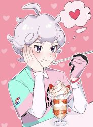 Rule 34 | 1boy, :t, ahoge, bede (pokemon), closed mouth, collared shirt, commentary request, creatures (company), curly hair, dessert, dynamax band, eyelashes, food, food on face, game freak, glass, gloves, hands up, heart, highres, holding, holding spoon, male focus, nintendo, outline, pokemon, pokemon swsh, purple eyes, shirt, short hair, shuri (riri shu), single glove, solo, spoon, table, thought bubble, undershirt