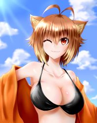 1girl animal_ears bikini bikini_top_only black_bikini blazblue breasts brown_hair chukachuka cleavage closed_mouth female_focus highres large_breasts makoto_nanaya multicolored_hair one_eye_closed orange_shirt shirt short_hair smile solo squirrel_ears swimsuit two-tone_hair