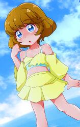 Rule 34 | 1girl, blue eyes, blush, brown hair, crop top, detached sleeves, flat chest, ichinose minori, open mouth, precure, shishinon, short hair, skirt, sky, solo, swimsuit, tropical-rouge! precure, yellow skirt