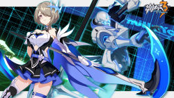 Rule 34 | 1girl, armor, artist request, bare shoulders, belt, blue belt, breast suppress, breastplate, brown hair, center opening, clothing cutout, copyright name, detached collar, dress, elbow gloves, gloves, hair ornament, hair over one eye, hand on own chest, highres, honkai (series), honkai impact 3rd, layered dress, layered skirt, mecha, official art, pleated dress, rita rossweisse, rita rossweisse (artemis), robot, scythe, short dress, short hair, side cutout, skirt, strapless, strapless dress, thighhighs, weapon, zettai ryouiki