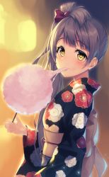 Rule 34 | 1girl, bad id, bad pixiv id, black kimono, bow, cotton candy, eating, floral print, food, grey hair, hair bow, highres, holding, holding food, japanese clothes, kimono, kokkeina budou, long hair, long sleeves, looking at viewer, love live!, love live! school idol festival, love live! school idol project, minami kotori, night, obi, one side up, red bow, sash, solo, upper body, wide sleeves, yellow eyes