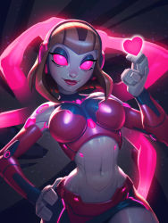 Rule 34 | 1girl, fewer digits, absurdres, android, bare shoulders, bra, breasts, brown hair, cleavage, courtney gears, cowboy shot, glowing, glowing eyes, headphones, heart, highres, humanoid robot, looking at viewer, midriff, navel, no pupils, pink bra, pink eyes, ratchet &amp; clank, ratchet &amp; clank: up your arsenal, red lips, robot, signature, simple background, solo, underwear