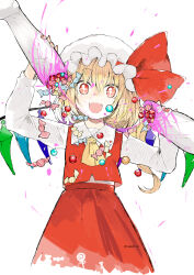 Rule 34 | 1girl, absurdres, ascot, blonde hair, blood, bow, collared shirt, cross-shaped pupils, crystal, fang, flandre scarlet, food, happy, hat, highres, long sleeves, medium hair, niseneko (mofumofu ga ienai), one side up, pinata, pink blood, red bow, red skirt, red vest, severed limb, shirt, skin fang, skirt, skirt set, solo, sweets, symbol-shaped pupils, touhou, twitter username, vest, white background, white hat, white shirt, wings, yellow ascot