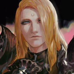 Rule 34 | 1boy, androgynous, armor, black background, blonde hair, blue eyes, commentary, eyeshadow, final fantasy, final fantasy xiv, frischenq, garlean, hair over one eye, long hair, looking to the side, makeup, male focus, one eye covered, pauldrons, portrait, shoulder armor, signature, smile, solo, third eye, zenos yae galvus