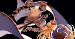 Rule 34 | 1girl, absurdres, armor, armored boots, black thighhighs, blonde hair, blue eyes, boots, breasts, closed mouth, fate/apocrypha, fate (series), faulds, floating hair, from side, fur-trimmed legwear, fur trim, gauntlets, headpiece, high heel boots, high heels, highres, holding, holding sword, holding weapon, jeanne d&#039;arc (fate), jeanne d&#039;arc (ruler) (fate), long hair, looking at viewer, lying, medium breasts, on side, profile, sheath, simple background, solo, standard bearer, sword, thighhighs, thighs, unsheathing, upside-down, very long hair, weapon, wu lun wujin