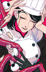 Rule 34 | 1girl, apron, black apron, black gloves, black hair, blood, blood drip, bloody tears, chainsaw man, chef, chef hat, closed eyes, disembodied head, elbow gloves, extra arms, eyeball, facing viewer, falling devil (chainsaw man), flat top chef hat, gloves, hat, highres, holding head, intestines, nosebleed, open mouth, red background, sailen0, severed ear, severed finger, severed head, short hair, simple background, solo, waist apron