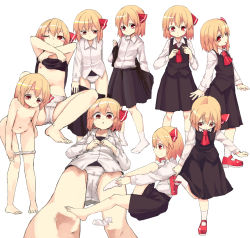 Rule 34 | 6+girls, bent over, blonde hair, cameltoe, clothes lift, flat chest, highres, long sleeves, multiple girls, navel, nipples, nude, open mouth, panties, panty pull, putting on shoes, red eyes, rumia, shirt, shirt lift, shoe dangle, sitting, skirt, skirt set, spread legs, standing, standing on one leg, touhou, underwear, undressing, vest, white panties, yunuki uta
