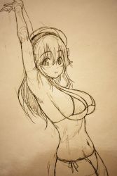 Rule 34 | 1girl, armpits, arms up, bikini, breasts, cleavage, cowboy shot, headphones, highres, large breasts, long hair, looking at viewer, monochrome, navel, nitroplus, open mouth, sketch, solo, stretching, super sonico, swimsuit, tsuji santa