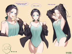 Rule 34 | 1girl, absurdres, black hair, black jacket, blue eyes, blue one-piece swimsuit, bow, clenched hands, closed eyes, commentary, edogawa kigoro, english commentary, english text, green bow, hair bow, highres, jacket, multiple views, nico robin, one-piece swimsuit, one piece, open clothes, open jacket, ponytail, smile, swimsuit, tying hair