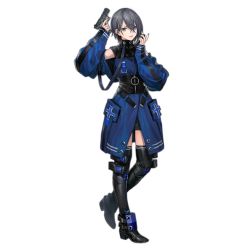 Rule 34 | 1girl, ankle guards, baggy clothes, black thighhighs, blue coat, blue eyes, boots, breasts, clothing cutout, coat, corset, earrings, full body, girls&#039; frontline, grey hair, gun, hair between eyes, handgun, holding, holding gun, holding magazine (weapon), holding weapon, infukun, jewelry, long sleeves, looking at viewer, magazine (weapon), official art, p22 (girls&#039; frontline), parted lips, short hair, shoulder cutout, sidelocks, skindentation, sleeves past wrists, smile, solo, standing, standing on one leg, strap, stud earrings, thigh boots, thighhighs, transparent background, trigger discipline, turtleneck, walther p22, watermark, weapon, zipper