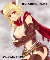 Rule 34 | 1girl, animal ears, arms under breasts, assassin cross (ragnarok online), between fingers, black cape, black gloves, black leotard, black thighhighs, blonde hair, breasts, cape, cat ears, character name, commentary request, copyright name, cowboy shot, dagger, dutch angle, elbow gloves, gloves, holding, holding dagger, holding knife, holding weapon, knife, large breasts, leotard, long hair, looking at viewer, navel, nia (littlestars), open mouth, partially fingerless gloves, ragnarok online, red eyes, red scarf, revealing clothes, scarf, solo, thighhighs, torn cape, torn clothes, torn scarf, waist cape, weapon