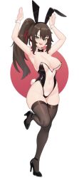 Rule 34 | 1girl, absurdres, animal ears, armpits, bare shoulders, black leotard, blue eyes, blush, breasts, brown hair, copyright request, detached collar, fake animal ears, fake tail, highleg, highleg leotard, highres, large breasts, leotard, long hair, looking at viewer, moursho, navel, playboy bunny, rabbit ears, rabbit tail, solo, strapless, strapless leotard, tail, thighhighs, wrist cuffs