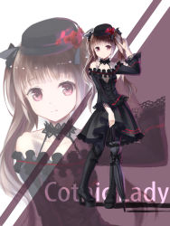 Rule 34 | 1girl, absurdres, black footwear, black hat, black pantyhose, black ribbon, black skirt, blunt bangs, boots, breasts, brown hair, character request, choker, cleavage, cleavage cutout, clothing cutout, collarbone, contrapposto, copyright request, corset, dress, english text, engrish text, eyebrows, flower, full body, gothic lolita, hair ribbon, hand in own hair, hat, hat flower, high boots, high heel boots, high heels, highres, holding, lace trim, light smile, lolita fashion, long hair, looking at viewer, pantyhose, parasol, ranguage, red eyes, red flower, red rose, ribbon, rose, skirt, small breasts, solo, standing, tareme, text focus, twintails, umbrella, very long hair, x-red flower, zoom layer