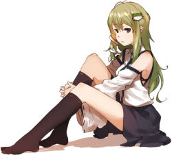 Rule 34 | 1girl, amonitto, bare shoulders, brown eyes, detached sleeves, frog hair ornament, green hair, hair ornament, kochiya sanae, long hair, long sleeves, looking at viewer, shirt, sitting, skirt, snake hair ornament, solo, touhou, wide sleeves