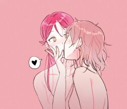 Rule 34 | 2girls, blush, breasts, grey hair, hand on another&#039;s face, heart, kiss, long hair, looking at another, love live!, love live! sunshine!!, medium hair, multiple girls, mumuir0315, nude, pink background, red hair, sakurauchi riko, simple background, small breasts, spoken heart, surprise kiss, surprised, upper body, watanabe you, yellow eyes, yuri
