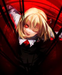 Rule 34 | 1girl, blood, blouse, chirigami-san, darkness, female focus, gradient background, head tilt, one eye closed, red background, rumia, shirt, smile, solo, touhou, white shirt, wink