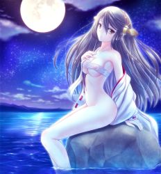 Rule 34 | 10s, 1girl, arm support, bare legs, bare shoulders, black hair, bottomless, boulder, breasts, brown eyes, budget sarashi, cleavage, cloud, collarbone, covered erect nipples, detached sleeves, full moon, hair between eyes, hair ornament, hairband, hairclip, hand on own chest, haruna (kancolle), head tilt, japanese clothes, kantai collection, legs, long hair, looking at viewer, moon, navel, night, night sky, nipples, no panties, off shoulder, open clothes, parted lips, personification, ribbon-trimmed sleeves, ribbon trim, rock, ryu-akt, sarashi, see-through, sitting, sky, soaking feet, solo, star (sky), starry sky, stone, underboob, undressing, water