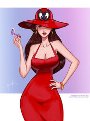 Rule 34 | 1girl, bare shoulders, breasts, brown hair, cappy (mario), cleavage, donkey kong (series), dress, earrings, eyeshadow, hand on own hip, hat, jewelry, lipstick, long hair, looking at viewer, makeup, mario, mario (series), mayor, nintendo, pauline (mario), possessed, possession, red dress, solo, standing, super mario odyssey