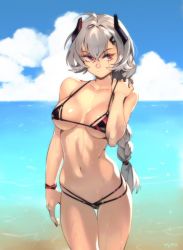 Rule 34 | 1girl, ahoge, artist name, bare shoulders, beach, bikini, black bikini, blue sky, braid, braided ponytail, breasts, breasts apart, closed mouth, cloud, collarbone, commentary, cowboy shot, day, dot mouth, english commentary, hair between eyes, hand on own shoulder, headgear, indie virtual youtuber, long hair, medium breasts, navel, ocean, optionaltypo, outdoors, red eyes, saruei (vtuber), scar, scar across eye, scar on face, silver hair, single braid, sky, solo, stomach, swimsuit, thigh gap, very long hair, virtual youtuber, wet