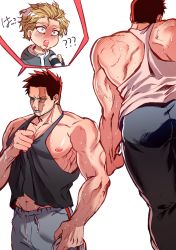 Rule 34 | 2boys, absurdres, alternate costume, ass, bara, bare back, bare pectorals, bare shoulders, beard, black pants, black tank top, blonde hair, blue eyes, blush, boku no hero academia, casual, clothes pull, drooling, endeavor (boku no hero academia), facial hair, from behind, hawks (boku no hero academia), highres, large pectorals, male focus, mature male, midriff peek, mouth drool, multiple boys, multiple views, muscular, muscular male, navel, nipples, pants, pectorals, red hair, scar, scar across eye, scar on face, shirt pull, short hair, sideburns, sidepec, sigma778, spiked hair, stubble, sweat, tank top, tight clothes, tight pants, track pants, white tank top, yaoi