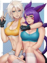 Rule 34 | 2girls, animal ears, artist name, black gloves, black shorts, blue eyes, breasts, bright pupils, cleavage, commentary, dated, earrings, english commentary, facial mark, fingerless gloves, fingernails, gloves, green eyes, grey hair, hair between eyes, hand up, highres, jewelry, large breasts, long hair, looking at viewer, multiple girls, navel, nike (company), original, pink lips, purple hair, sciamano240, short hair, short shorts, shorts, signature, sitting, smile, socks, sports bra, tail, toned, v, whisker markings, white legwear, white shorts