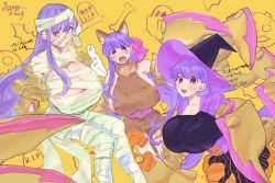 Rule 34 | 1girl, animal costume, breasts, claws, cleavage, fate/grand order, fate (series), hair ribbon, hamo8129, hat, huge breasts, long hair, mummy costume, open mouth, passionlip (fate), pink eyes, purple hair, ribbon, smile, solo, very long hair, witch, witch hat, wolf costume