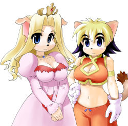 Rule 34 | 2girls, alicia priss, animal ears, artist request, blush, breasts, cleavage, crown, cyber connect 2, dress, furry, little tail bronx, multiple girls, navel, princess terria, simple background, tail, tail concerto