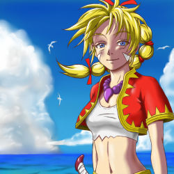 Rule 34 | 1girl, anbj, bandages, beach, blonde hair, blue eyes, breasts, chrono cross, cleavage, facial mark, gloves, high ponytail, highres, jewelry, kid (chrono cross), long hair, looking at viewer, midriff, multi-tied hair, navel, necklace, ponytail, skirt, sky, smile, solo, vest