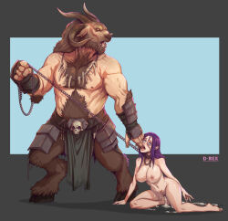 Rule 34 | 1boy, 1girl, after rape, after vaginal, armor, body fur, bone necklace, breasts, brown fur, chain, chain leash, completely nude, cum, cum in pussy, d-rex, elf, finger to mouth, full body, furry, furry male, holding, holding chain, holding leash, hooves, horns, jewelry, large breasts, leash, loincloth, long hair, monster, necklace, nipples, nude, pointy ears, pubic tattoo, purple hair, shiny skin, standing, tattoo, teeth, tooth necklace, warhammer fantasy, yellow eyes