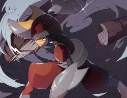 Rule 34 | 1boy, arm up, armor, bisharp, black skin, blade, chikichi, closed mouth, colored skin, creatures (company), from side, game freak, gen 5 pokemon, glint, grey background, helmet, legs apart, log, looking at viewer, male focus, multicolored skin, nintendo, pokemon, pokemon (creature), red eyes, shoulder armor, smoke, solo, standing, two-tone skin, wood, yellow skin