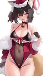 Rule 34 | 1girl, alternate costume, animal ear fluff, animal ears, bare shoulders, bell, bikini, bikini top only, black bikini, black hair, blue archive, blush, breasts, choker, christmas, cleavage, collarbone, covered navel, cowboy shot, fang, fox ears, fox tail, fur-trimmed headwear, fur trim, gloves, hair between eyes, hair ornament, hat, highleg, highres, izuna (blue archive), jingle bell, leotard, looking at viewer, navel, neck bell, open mouth, ribbon, santa costume, santa hat, short hair, simple background, smile, solo, stone (ksorede), swimsuit, tail, thighs, twintails, white background, yellow eyes