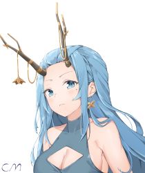 Rule 34 | 1girl, absurdres, antlers, bare shoulders, blue eyes, blue hair, blush, breasts, cleavage, cleavage cutout, clothing cutout, collarbone, earrings, highres, horns, jewelry, kiro (kirotayu), large breasts, long hair, looking at viewer, mole, mole under eye, original, solo, upper body, white background