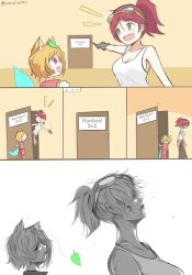 Rule 34 | ..., 2girls, :d, animal ears, aqua tail, armpits, arms up, artist name, beckoning, blonde hair, brawlhalla, breasts, brown gloves, chibi, cleavage, closed mouth, clothes around waist, collarbone, comic, commentary, cringywoomy, door, english commentary, english text, facial mark, falling leaves, fox ears, fox girl, gloves, goggles, goggles on head, green eyes, hair between eyes, hand up, height difference, high ponytail, highres, indoors, kaneki profile picture (meme), kitsune, leaf, leaf on head, light blush, looking at another, looking away, looking down, looking up, medium breasts, medium hair, meme, messy hair, mole, mole under eye, motion lines, multiple girls, no eyes, nontraditional miko, official alternate costume, open mouth, opening door, orange hair, parted lips, partially colored, pink eyes, pointing, ponytail, profile, red eyes, red hair, scarlet (brawlhalla), scarlet (steamsmith) (brawlhalla), scuffed, shaded face, shirt, short hair, short ponytail, shout lines, sideboob, simple background, smile, tank top, taut clothes, taut shirt, tokyo ghoul, triangle mouth, white background, yumiko (brawlhalla), yumiko (lil&#039;) (brawlhalla)