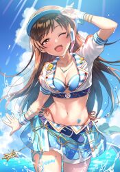 Rule 34 | 1girl, anchor symbol, arm ribbon, arm up, belt, bikini, blue belt, blue bikini, blue skirt, blue sky, blue wrist cuffs, breasts, cleavage, cloud, collarbone, cowboy shot, crop top, cropped shirt, day, dot nose, front-tie bikini top, front-tie top, headset, heart, heart tattoo, highres, idolmaster, idolmaster cinderella girls, idolmaster cinderella girls starlight stage, jewelry, medium breasts, midriff, multiple bracelets, navel, necklace, nitta minami, one eye closed, open hand, outstretched arm, print skirt, ribbon, shinonoko (tubamecider), shirt, short sleeves, shorts, shorts under skirt, skirt, sky, solo, splashing, sunlight, swimsuit, tattoo, visor cap, wet, white ribbon, white shirt, white shorts, wrist cuffs
